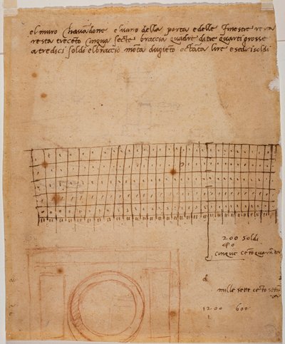 Szkic okna, adnotacje autografu i obliczenia graficzne autorstwa Michelangelo Buonarroti