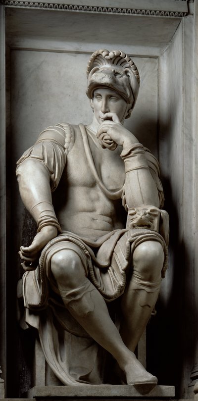 Posąg Wawrzyńca Medyceusza (1449-92) z grobowca Wawrzyńca Medyceusza, 1520-24 (marmur) autorstwa Michelangelo Buonarroti