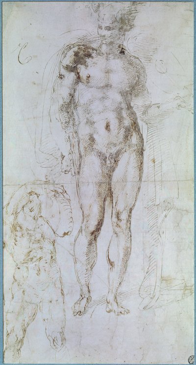 Studium dla Apolla (dawniej Merkurego) stojącego nago z płaszczem narzuconym na ramiona i postacią mężczyzny niosącego ciężar autorstwa Michelangelo Buonarroti