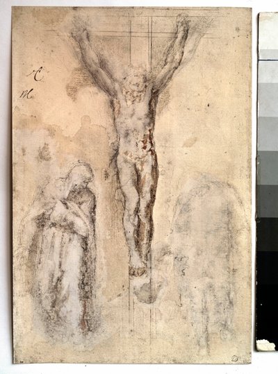 Studium ukrzyżowania Reprezentacja Chrystusa na krzyżu z Dziewicą i św. Janem. Rysunek Michała Anioła Buonarrotiego dit Michelangelo (Michelangelo lub Michel Ange autorstwa Michelangelo Buonarroti