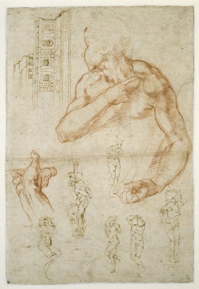 Studium postaci asystującej Sybilli libijskiej, ok. 1512 (czerwona kreda i długopis na papierze) autorstwa Michelangelo Buonarroti