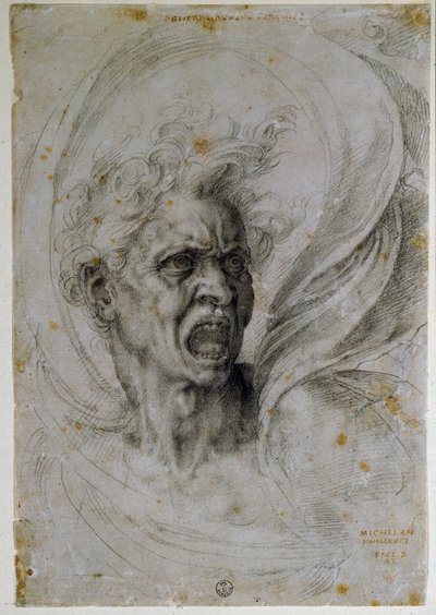Studiowanie głowy krzyczącego mężczyzny. Rysunek Michała Anioła Buonarrotiego (1475-1564). Florencja, Muzeum Uffizi (Florencja, projekt gabinetu i znaczki Uffizi). autorstwa Michelangelo Buonarroti