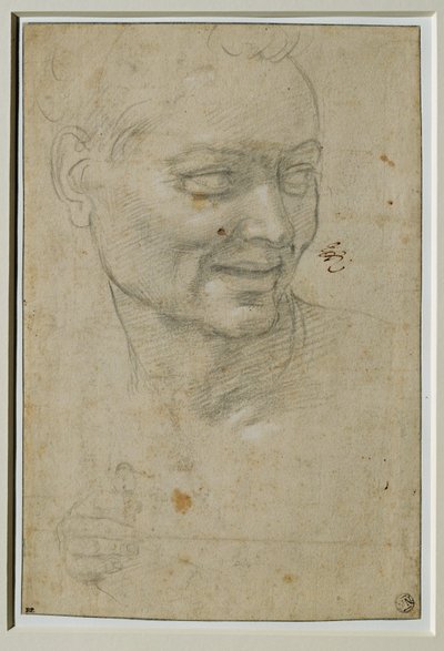 Głowa i prawa ręka ignudo powyżej i po lewej stronie Izajasza, na sklepieniu Capella Sistina ... autorstwa Michelangelo Buonarroti