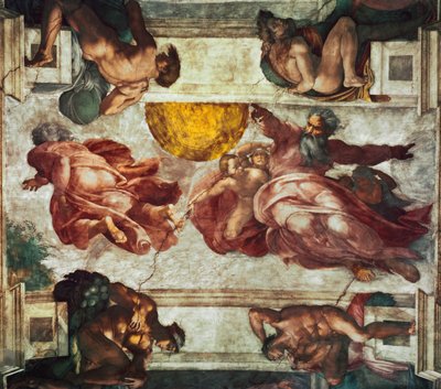 Stworzenie Słońca, Księżyca i Roślin autorstwa Michelangelo Buonarroti