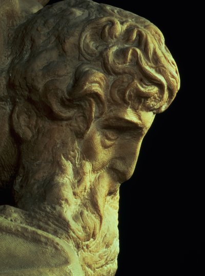 Geniusz zwycięstwa – Michelangelo Buonarroti 1475-1564 szczegół niedokończonej głowy, 1527-28 marmur patrz 52671 autorstwa Michelangelo Buonarroti