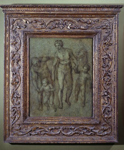 Święta Rodzina ze św. Janem Chrzcicielem, ok. 1540 (pędzel i brązowe przemycie na desce) autorstwa Michelangelo Buonarroti