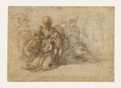 Święta Rodzina z Dzieciątkiem Świętego Jana Chrzciciela (recto); miłosne putta podczas zabawy; głowa ptaka (verso) autorstwa Michelangelo Buonarroti