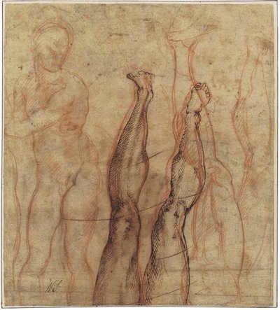 Zmartwychwstały Chrystus, akt o długości trzech czwartych narysowany na studiach nogi i stopy autorstwa Michelangelo Buonarroti