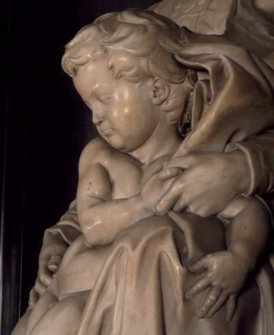Dzieciątko Jezus, fragment Madonny z Dzieciątkiem, Michał Anioł (1475-1564), kościół Notre Dame w Brugii, Belgia autorstwa Michelangelo Buonarroti