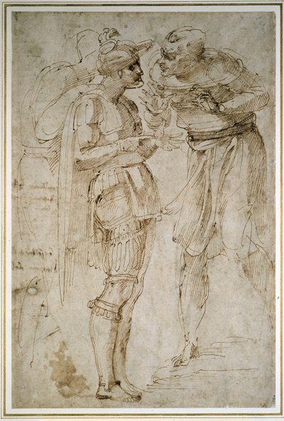 Trzej mężczyźni w rozmowie (pióro i brązowy atrament na papierze) autorstwa Michelangelo Buonarroti