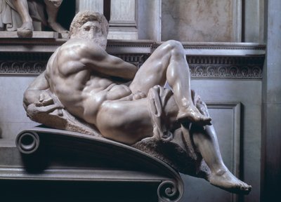 Grób Giuliano de Medici, fragment Dnia, marmur 1520-33 autorstwa Michelangelo Buonarroti