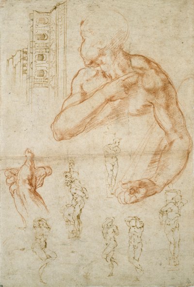 Różne studia dla sufitu sykstyńskiego i grobu papieża Juliusza II, c1490-1560 autorstwa Michelangelo Buonarroti