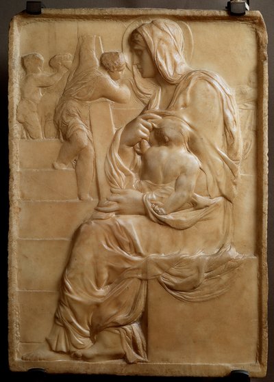 Dziewica na schodach (Madonna della Scala) Niska marmurowa płaskorzeźba autorstwa Michelangelo Buonarroti dit Michel Ange (Michelangelo lub Michelangelo autorstwa Michelangelo Buonarroti