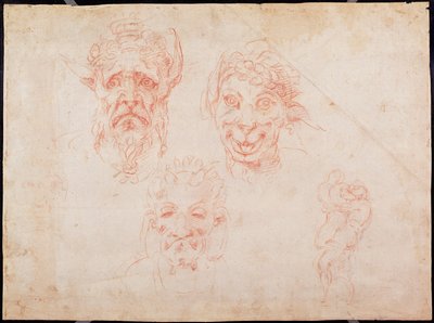 W.33 Szkice twarzy satyrów (czerwona kreda na papierze) autorstwa Michelangelo Buonarroti