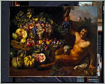 Martwa natura z satyrem w pejzażu (płótno) autorstwa Michelangelo Cerquozzi