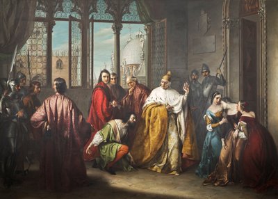 Doża Francesco Foscari wysyła swojego syna Jacopo na wygnanie ("I powodu Foscari") autorstwa Michelangelo Grigoletti
