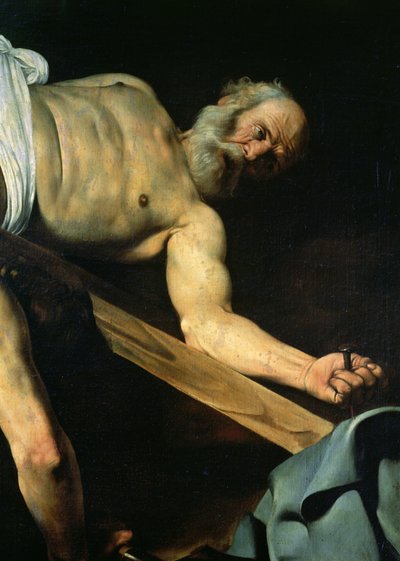 Ukrzyżowanie św. Piotra, fragment św. Piotra, 1600-01 autorstwa Michelangelo Merisi Caravaggio