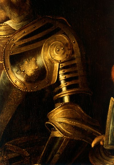 Szczegół portretu Alof de Wignacourt z jego stroną autorstwa Michelangelo Merisi da Caravaggio
