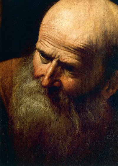 Twarz Abrahama, fragment Ofiary Izaaka, ok. 1603-04 (olej na płótnie) autorstwa Michelangelo Merisi da Caravaggio