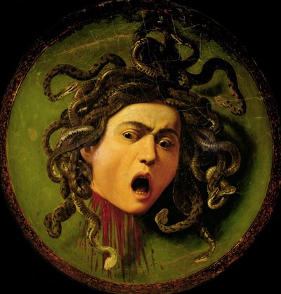 Meduza, namalowana na skórzanej tarczy, ok. 1596-98 (olej na płótnie przymocowanym do drewna) (przed renowacją) autorstwa Michelangelo Merisi da Caravaggio