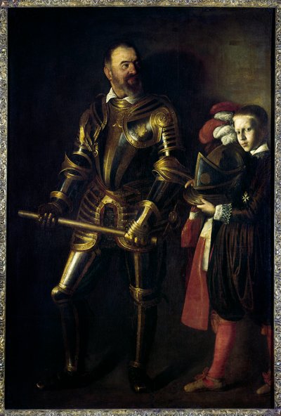 Portret u stóp Alof de Wignacourt (1547-1622) Wielkiego Mistrza Zakonu Maltańskiego w latach 1601-1622 i jego strona Obraz Michelangelo Merisi dit Le Caravaggio ou il Caravaggio (1571-1610) 1608 Nd. 1,94x1,34 m² autorstwa Michelangelo Merisi da Caravaggio
