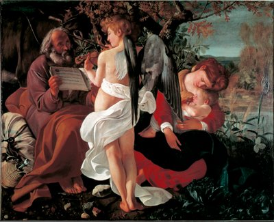 Odpoczynek podczas lotu do Egiptu Obraz Michała Anioła Merisi powiedział il Caravaggio (The Caravaggio) (1571-1610) ok. 1590 r. Słońce. 130x160 cm Rzym Galleria Doria Pamphili autorstwa Michelangelo Merisi da Caravaggio
