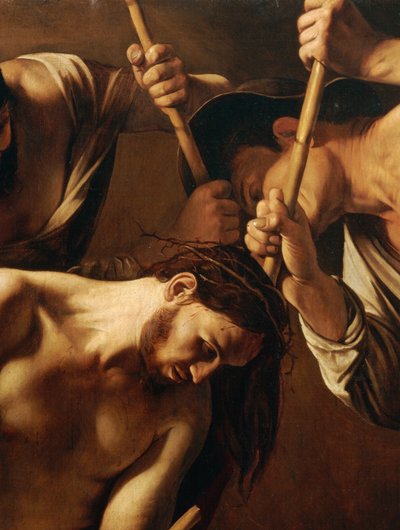 Ukoronowanie cierniem, ok. 1603 (olej na płótnie) (detal z 507206) autorstwa Michelangelo Merisi da Caravaggio