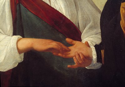 Wróżka Detal przedstawiający rękę klienta wyciągniętą w dłoni kobiety, która czyta linie jego dłoni. Obraz Michelangelo Merisi da Caravaggio dit Le Caravaggio (ok. 1571-1610) Nd. 0,99x1,31 m² autorstwa Michelangelo Merisi da Caravaggio
