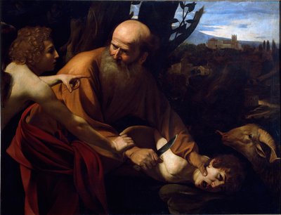 Ofiara Izaaka Anioł trzyma rękę Abrahama przed złożoną przez Pana ofiarą jego syna Izaaka. Obraz Michała Anioła Merisi pt. Caravaggio lub il Caravaggio (1571-1610) 1594-1596 Wym. 104x135 cm Florencja, Galleria degli Uffizi ( autorstwa Michelangelo Merisi da Caravaggio