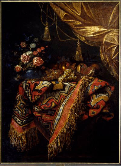 Martwa natura Owoce i kwiaty postawione na obrusie. Obraz Michała Anioła Campidoglio (1610-1670) Rennes z XVII wieku, muzeum sztuk pięknych. autorstwa Michele Pace del Campidoglio