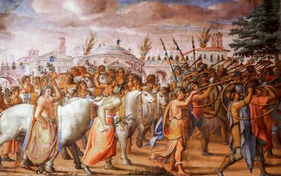 Triumf konsula Lucjusza Emiliusza Paulusa nad Perseuszem królem Macedonii (detal), ok. 1570 (fresk) autorstwa Michele and Rocchetti Jacopo Alberti