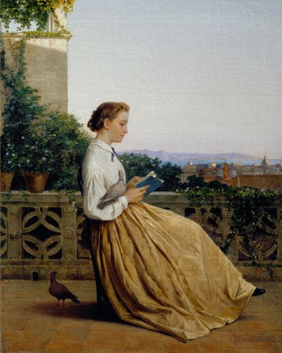 Czytanie na tarasie, ok. 1875 (olej na płótnie) autorstwa Michele Tedesco