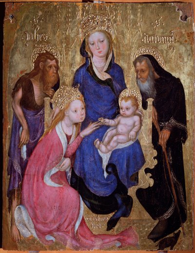 Mistyczne zaślubiny św. Katarzyny ze świętymi Janem Chrzcicielem i Antonim Egipskim - Malarstwo, ok. 1420 autorstwa Michelino Molinari da (attr. to) Besozzo