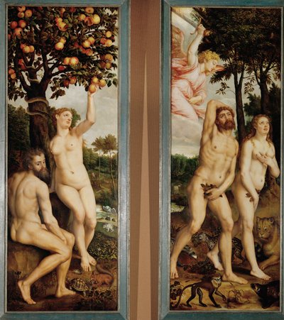 Upadek i wygnanie z raju Dwa skrzydła ołtarza (obraz na drewnie dębowym) autorstwa Michiel I Coxie or Coxcie