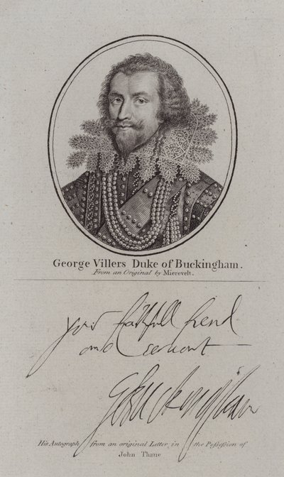 George Villiers książę Buckingham, angielski dworzanin, polityk i ulubieniec króla Jakuba I (grafika) autorstwa Michiel Janszoon van (after) Miereveldt