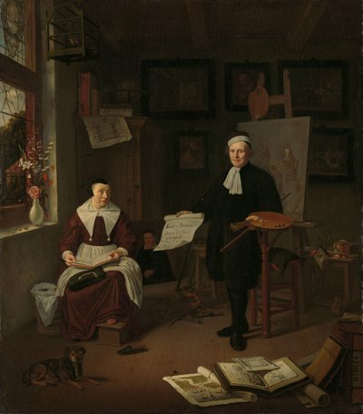 Portret Michiela Comansa (1614-1687), kaligrafa, rytownika, malarza i nauczyciela, z trzecią żoną Elisabeth van der Mersche autorstwa Michiel van Musscher