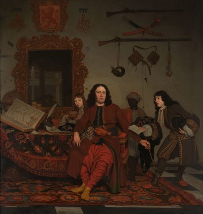 Thomas Hees i jego sługa Thomas i bratankowie Jan i Andries Hees Portret Thomasa Heesa (ur. 1634/35), rezydenta i komisarza stanów generalnych przy rządach Algieru, Tunisu i Trypolisu, z jego siostrzeńcami Janem (ur. 1670/71) i Andriesem (ur. 1). autorstwa Michiel van Musscher