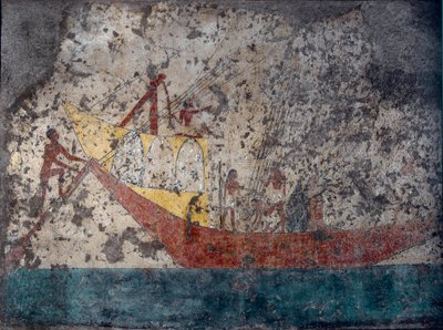 Starożytność egipska: „Egipski statek wojskowy”” Fresk z grobowca. 2000 pne. Turyn, Museo Egizio autorstwa Middle Kingdom Egyptian