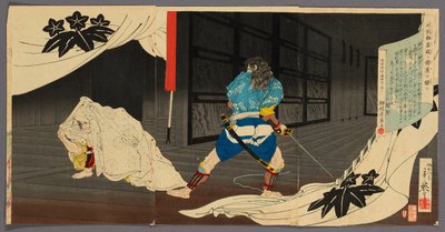 Tokimune (Soga Goro) zakrada się do rezydencji Yoritomo (Tokimune Kamakura-dono no kariya o sawagasu) autorstwa Migita Toshihide