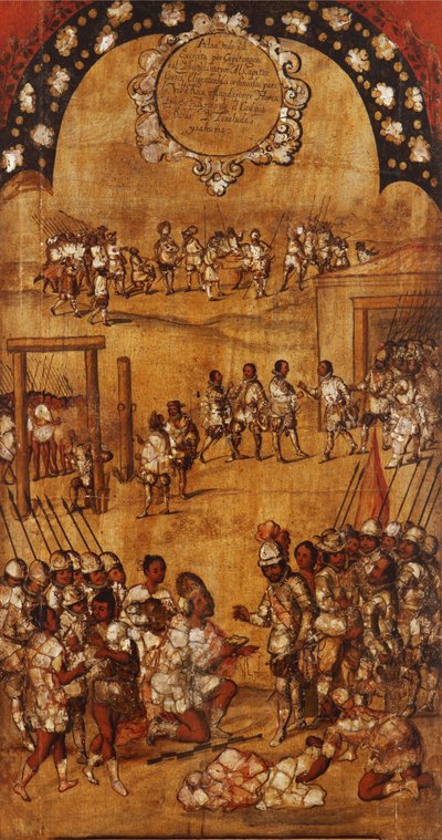 Podbój Meksyku, Panel III, ok. 1696-1715 (malowanie na drewnie) autorstwa Miguel Gonzalez