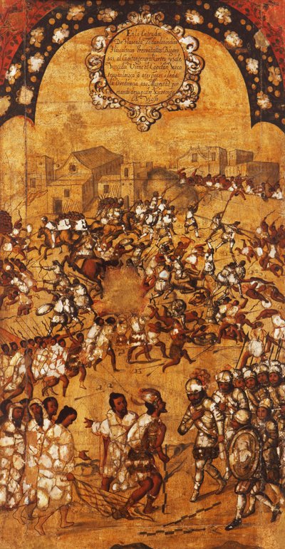 Podbój Meksyku, Panel V, c.1696-1715 (malowanie na drewnie) autorstwa Miguel Gonzalez