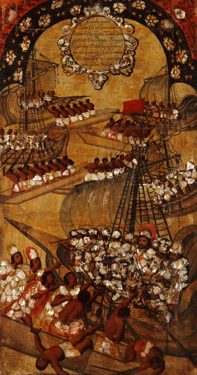Podbój Meksyku, Panel XXII, c.1696-1715 (malowanie na drewnie) autorstwa Miguel Gonzalez
