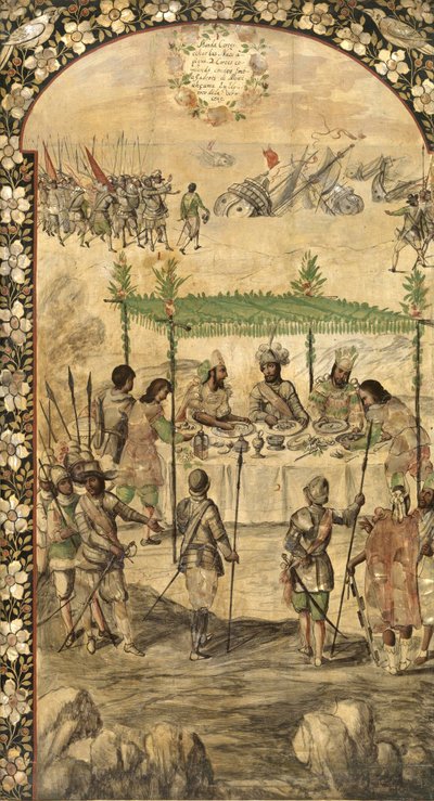 Nakazuje zniszczenie statków i spotyka się z ambasadorami Montezumy (Moctezuma, Moteuczoma, Motecuhzoma) (1466-1520) w 1520 r. - Podbój Meksyku przez Hernana Cortesa par Gonzaleza, Miguela i Juana (aktywny koniec XVII w.). Olej na drewnie, rozmiar : autorstwa Miguel and Juan Gonzalez