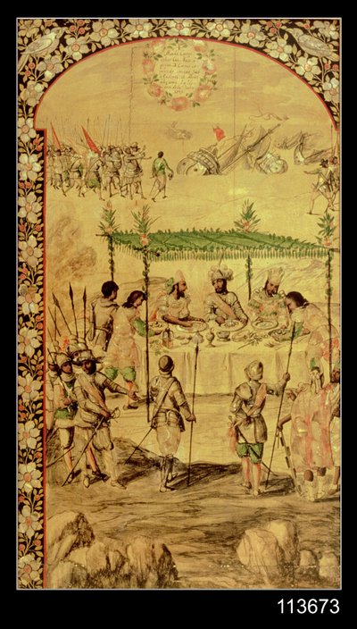Podbój Meksyku: Hernando Cortes (1485-1547) nakazuje zniszczenie statków i spotyka się z ambasadorami Montezumy (1466-1520) w 1520 autorstwa Miguel and Juan Gonzalez