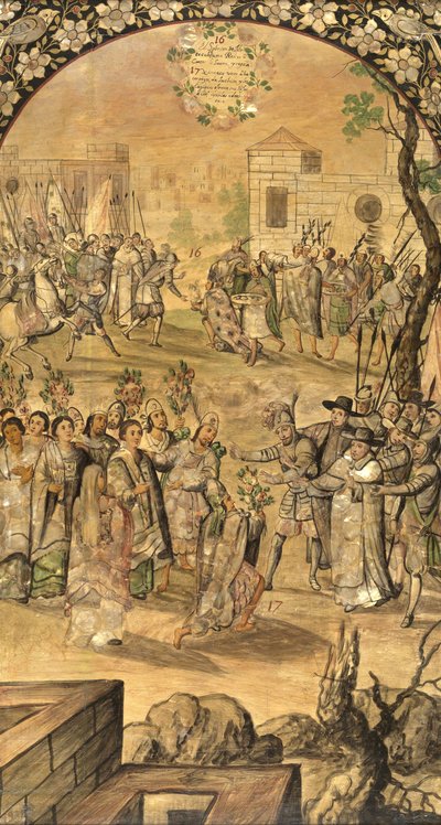 Podbój Meksyku Hernana Cortesa par Gonzaleza, Miguela i Juana (czynny koniec XVII w.). Olej na drewnie, rozmiar : 97x53 autorstwa Miguel and Juan Gonzalez