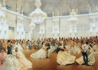 Bal w Sali Koncertowej Pałacu Zimowego podczas oficjalnej wizyty Nasira al-Din Shaha w maju autorstwa Mihaly von Zichy