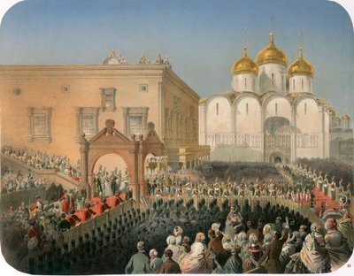 Procesja carycy Aleksandry Fiodorownej do Katedry Zaśnięcia Najświętszej Marii Panny w Moskwie, 1856 r. autorstwa Mihaly von Zichy