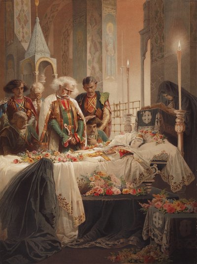 Tamara w trumnie. Ilustracja do wiersza „Demon” Michaiła Lermontowa, ok. 1930 r. 1880 autorstwa Mihaly von Zichy