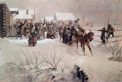 Car Aleksander II (1818-1881) na saniach przejeżdża przez wieś pod śniegiem Akwarela Mihaly von Zichy (1827-1906) XIX w. Sankt Petersburg, Chateau de Peterhof autorstwa Mihaly von Zichy