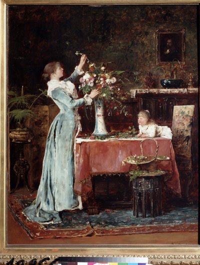 "La composition du bouquet" (Komponowanie bukietu) Kobieta z klasy średniej (Węgierka?) przygotowująca bukiet kwiatów, patrząca na nią córka. Obraz Mihaly Munkacsy (1844-1900) ok. 1880 Muzeum Puszkina w Moskwie autorstwa Mihály Munkácsy